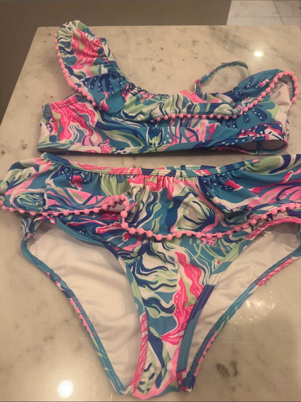 Tommy Bahama Girls Blue, Pink & Green Ruffle Two-Piece Swimsuit